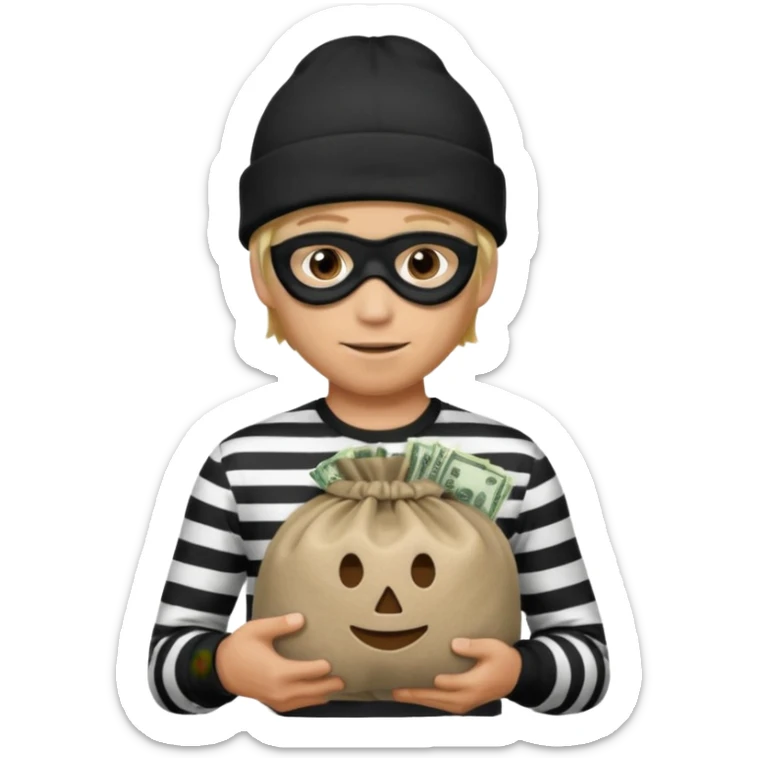 Man with mask and black beanie with black and white striped shirt tan skin blond hair holding a moneybag sticker