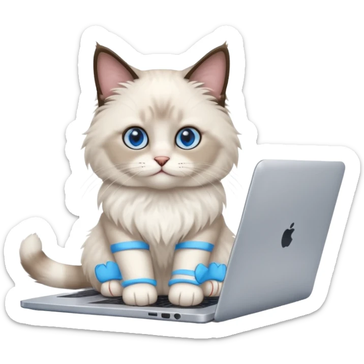 Cute ragdoll cat on a laptop. Should sit on top of the laptop, cat is way bigger than the laptop. Could walk on the laptop or sit sticker