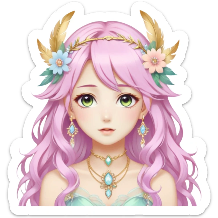 Beautiful gorgeous anime lady with beautiful pastel-special-hair, fashion aesthetic, ethereal, fairycore, pastelcore, feather, flower, crystals, accessories, gold jewelries, gold, colorful, gold laurel, gold halo, cottagecore,  sticker