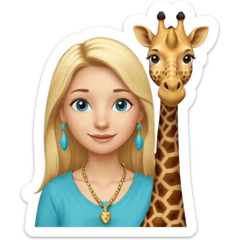 Swedish girl blonde long straigt hair blue eyes turqoise shirt gold earings, girrafe necklace gold small, very long lashes smiling closed mouth,  sticker