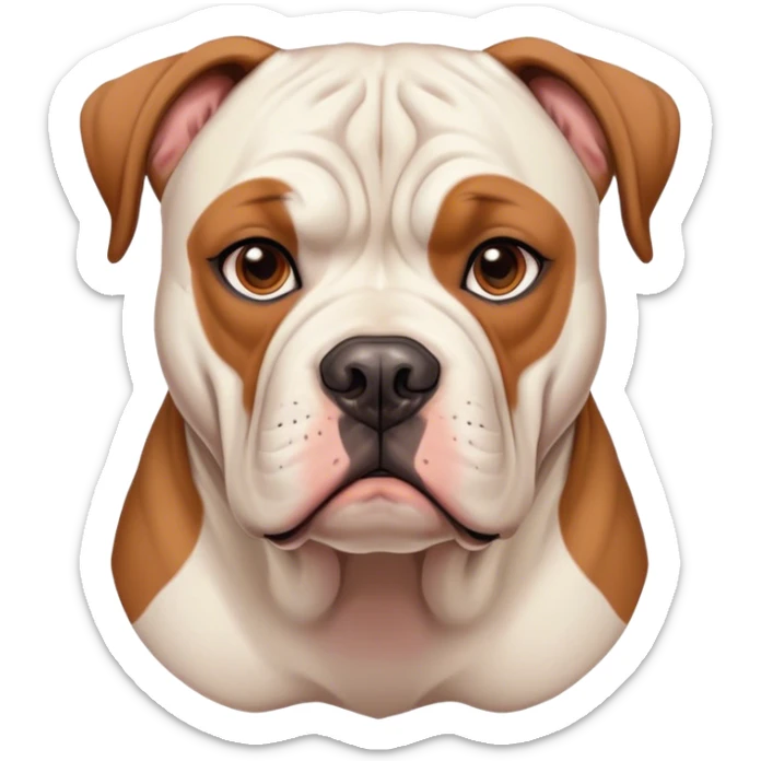 Cinematic Noble Solid Tan American Bulldog Portrait Emoji, Poised and regal, with a strong, muscular build and a sleek, well-groomed solid tan coat, deep-set soulful brown eyes, Simplified yet sharp and sophisticated features, highly detailed, glowing with a soft, dignified glow, high shine, intelligent and loyal, stylized with an air of strength, focused and attentive, soft glowing outline, capturing the essence of a watchful and confident guardian, so majestic it feels as though it could step out of the screen with effortless authority! sticker