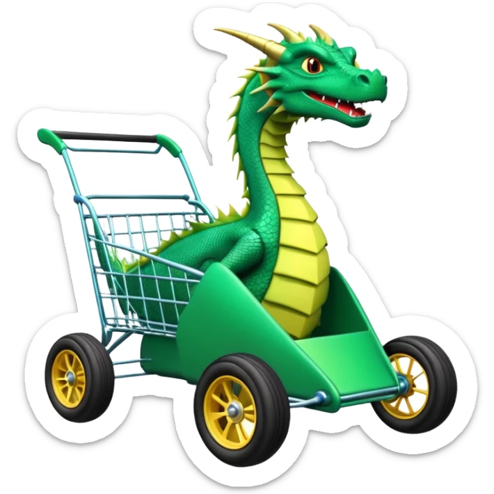 Special race car whose frame and suspension is made of shopping cart material with a large rear spoiler is being professionally steered driven by a small thin dragon  sticker
