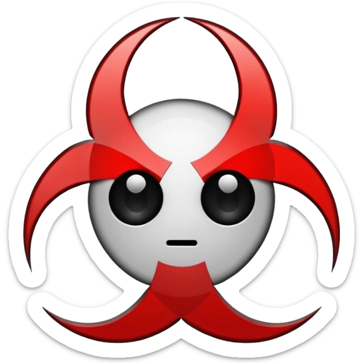 Minimalist emoji-style sticker of a fractured biohazard symbol with a small eye in the center. Stylized, geometric, no text.
 sticker