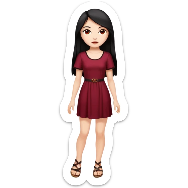 Chica blanca ,ojos marrones, vestido granate largo sexy manga corta,  cuerpo entero pelo negro y largo sandalias sticker