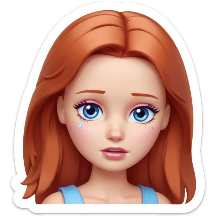 Barbie girl Chestnut-red Shoulder-length hair and blue eyes is In pale purple crying with tears  sticker