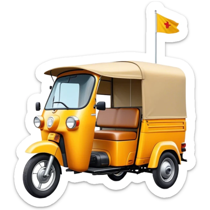 Cinematic Realistic Tuk Tuk Emoji, depicted as a vibrant iconic three-wheeled vehicle with bold colors and a compact design, rendered with crisp textures and dynamic urban lighting that captures its quintessential Thai charm. sticker
