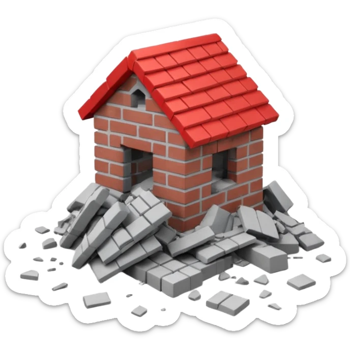 3D iPhone style emoji of a pile of bricks, roof pieces, and wall rubble, scattered and broken, isolated on white background, soft shadows, high detail, playful and cute sticker