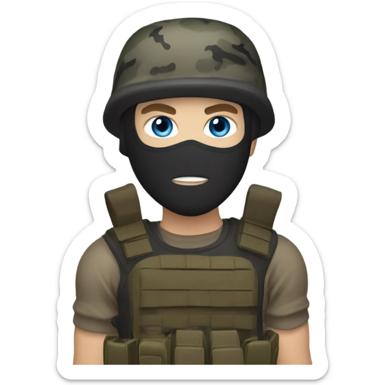 White male, call of duty black mask, camo tactical gear, tan combat boots, black beanie, blue eyes sticker