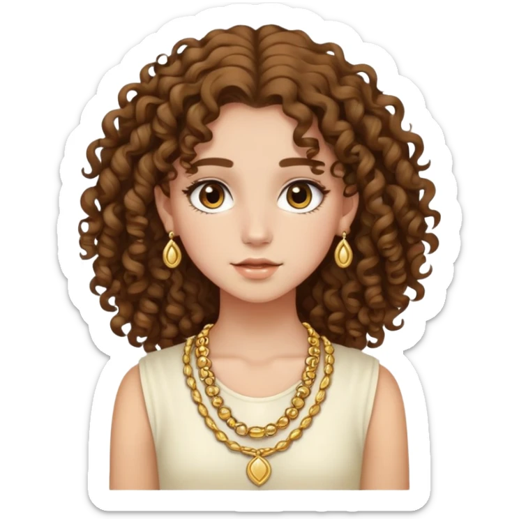 Teenage girl with curly brown hair, choni style with gold jewelry sticker