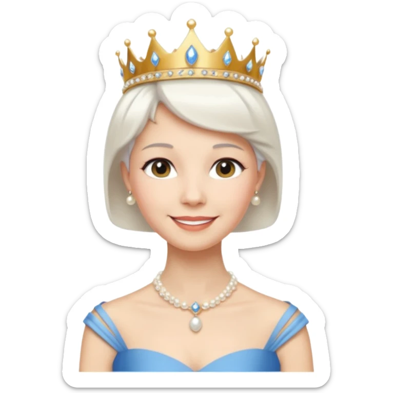 Queen with white short hair – gold tiara, pearl necklace, elegant gown, blue dress sticker