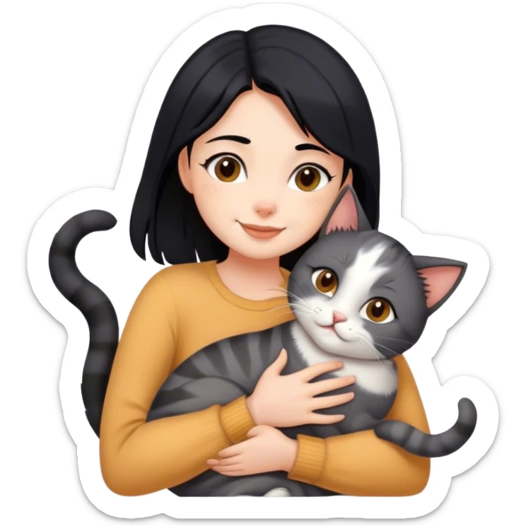 happy girl with black hair hugging three cats  (carey cat, gray cat, brown calico cat) sticker
