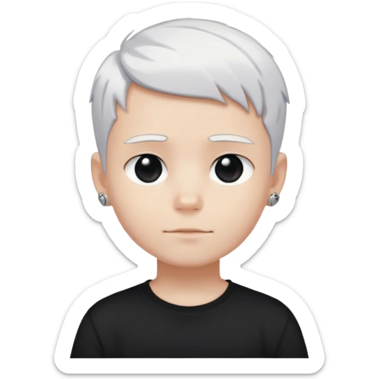 just a boy with TOTALLY WHITE SHORT HAIR (pure white like paper or snow, not gray, not blonde), wearing dark t-shirt, silver ring with black stone sticker