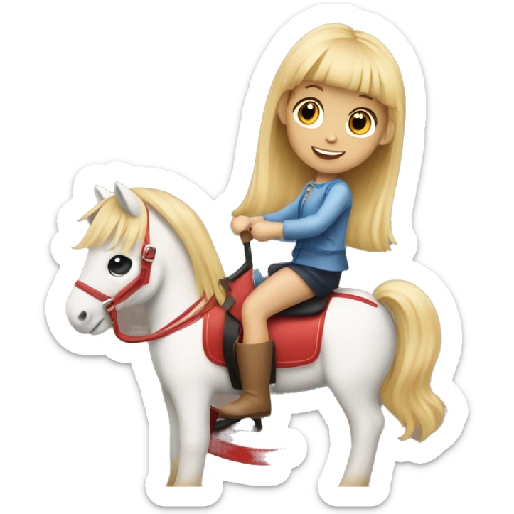a little blonde girl with bangs and two ponytails rides a rocking horse sticker