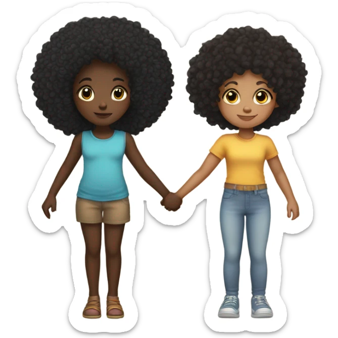 Khalyn dark skin slim thick build and long braids with Ava Rose light skin little girl with black curly Afro holding hands  sticker