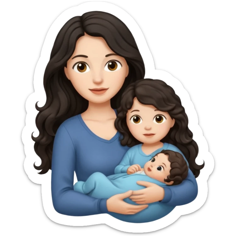 Mother long black wavy  hair  holding 1 infant brown hair fair skin sticker