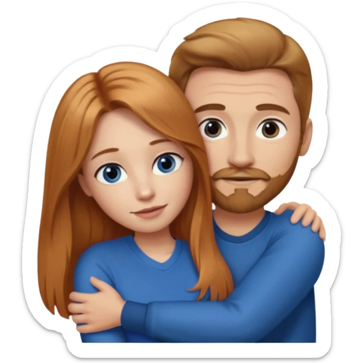 girlfriend with long dark strawberry blonde hair middle part with brown eyes giving hug to man with blue eyes, dark blonde hair and facial hair sticker
