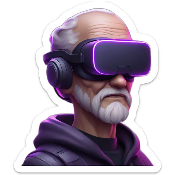 Russian old man wearing a black hoodie with "OMG" letters on it and VR headset in a cyberpunk VR environment with violet neon lighting. sticker