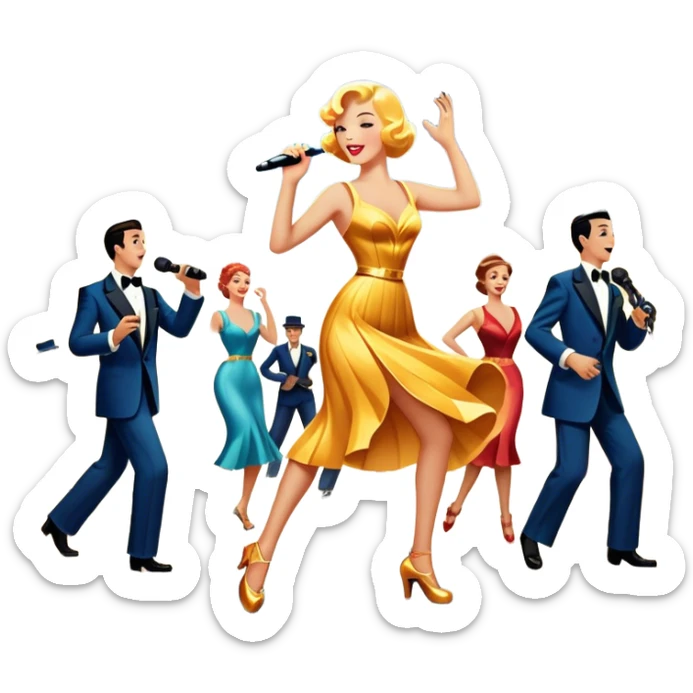 Vintage movie poster-style icon for a musical film. The cityscape glows in the background, evoking the golden era of musicals. A vibrant street scene with bright lights, dancers mid-step, a singer with a microphone, and a jazz band playing. Transparent background. sticker