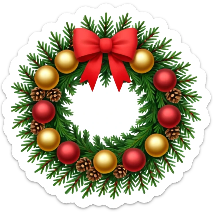A Christmas wreath made entirely of fir trees, decorated with a single red bow at the bottom, pine cones, and Christmas tree balls. sticker