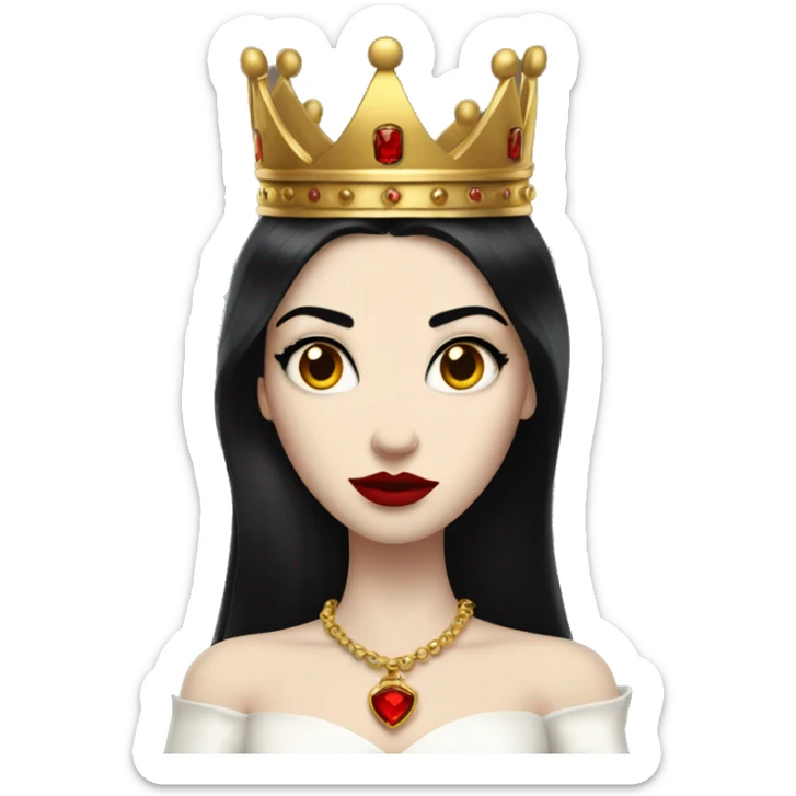 Queen with pale skin, long black hair, bright red lips, skinny gold crown, white dress, and evil stare.  sticker