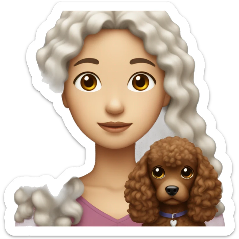 White Asian girl with long curly hair holding a brown poodle sticker