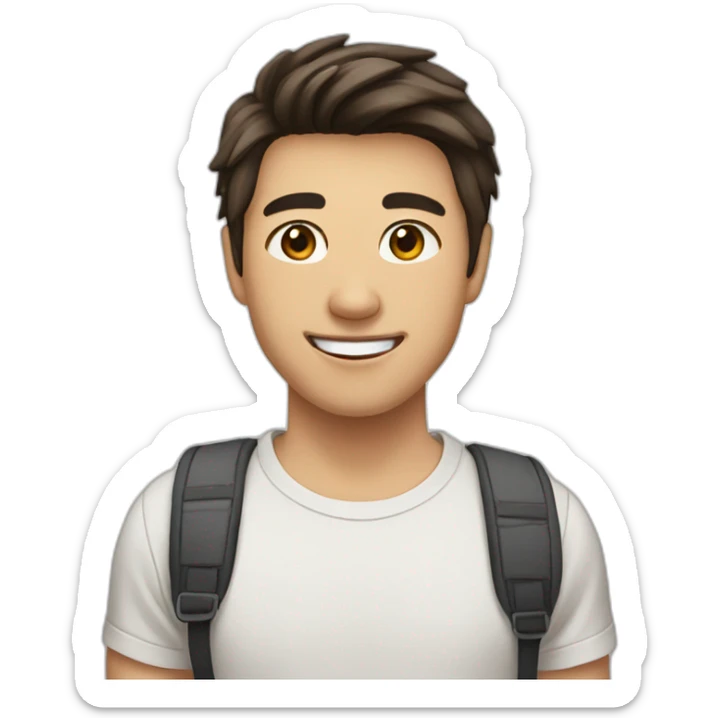 guy with brown hair, medium length hair, in his 20s, very asian, smiling, t-shirt, slight brown skin sticker