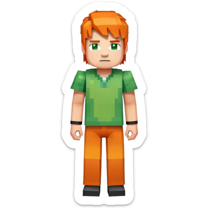 Minecraft Alex character full body with orange hair and green outfit, pixelated blocky style sticker