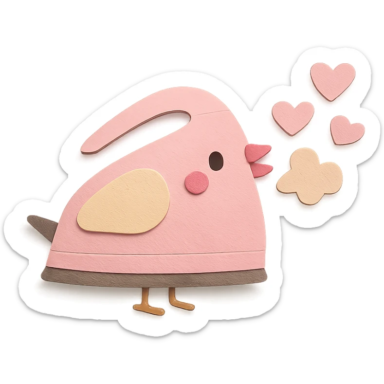 kawaii electric iron bird puffing steam hearts, blushing, soft pastel pink, full-body sticker