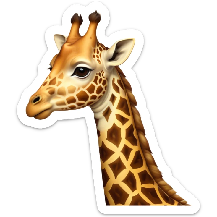 Cinematic Noble Giraffe Portrait Emoji, Poised and regal, with a towering, elegant build and a stunning, patterned Fur of warm yellows and browns, long, graceful neck and soulful, gentle eyes, Simplified yet sharp and sophisticated features, highly detailed, glowing with a soft, dignified glow, high shine, intelligent and graceful, stylized with an air of savannah majesty, focused and attentive, soft glowing outline, capturing the essence of a watchful and confident giant, so majestic it feels as though it could stretch out of the screen with effortless authority! sticker