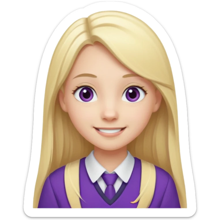 A pale girl with gray eyes and long and blonde straight hair , smiling wearing a purple school uniform  sticker