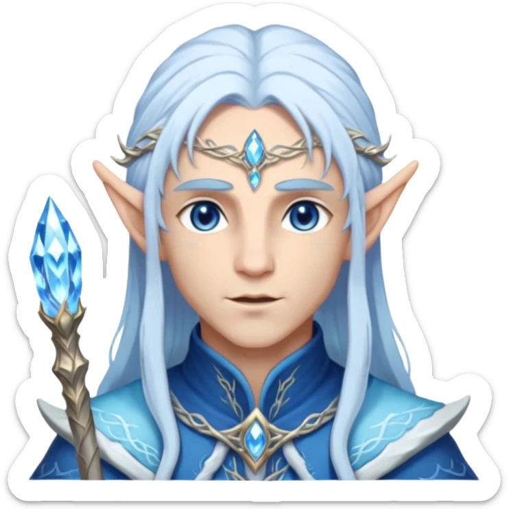 Legendary fantasy Christmas elf portrait icon, Santa Claus and Snow Maiden inspired, ancient winter spirit style, long flowing white-blue hair, glowing frost eyes, crystal staff, elegant elven features, divine winter magic aura, icy silver color palette, highly detailed but clean emoji icon male sticker