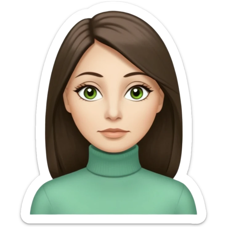 43 year old Adult woman avatar, light skin tone, long, oval face, long straight ashy brown hair, green almond-shaped eyes with dramatic eyelashes and minimal eyeliner, neutral mouth, medium straight eyebrows, average nose, smooth skin,  mint green turtle neck  sticker