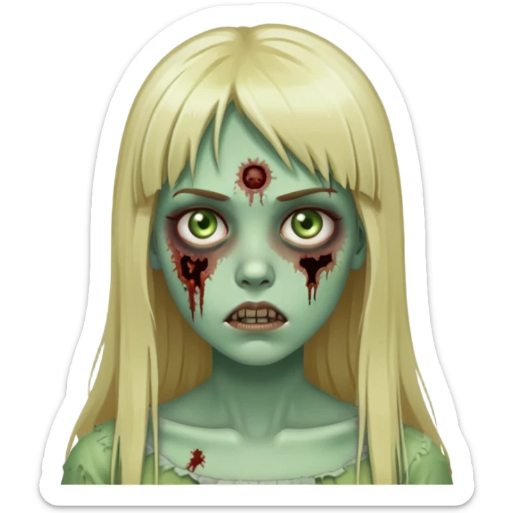 zombie girl with pale green skin, visible wounds, long blonde hair with straight bangs, dead eyes sticker