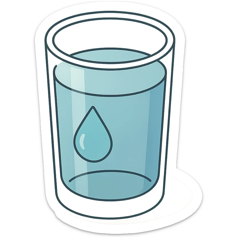 detailed 2D isometric illustration of a glass of water with a drop on the wall, shadows and highlights, clean contours, soft lighting, transparent background sticker