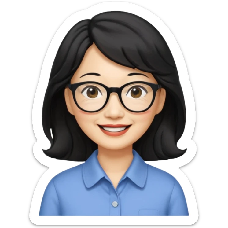 60 yr old asian woman, wavy thick black hair past shoulder length, side part, side swept bang, big smile, collared shirt, long hair, glasses sticker
