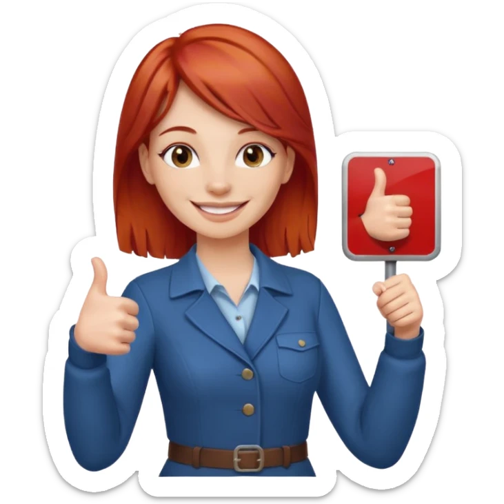 woman with red hair, giving a thumbs up next to a sign with rules sticker