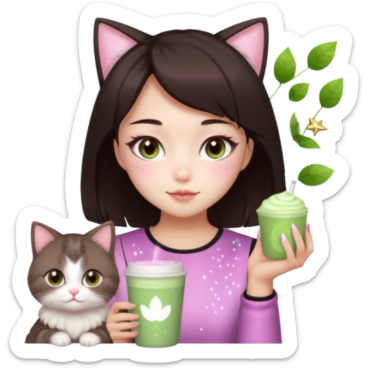 asian girl with short dark brown hair and dark brown eyes with a soft girl pink glowup aesthetic, matcha latte, 2 light brownragdoll cats, and sparkles, makeup, and money sticker