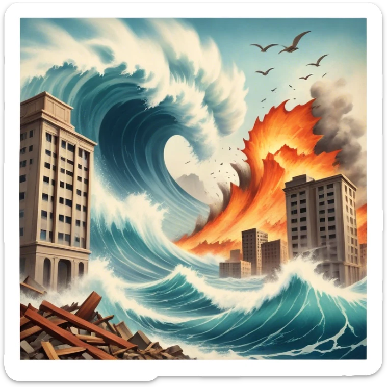 A vintage movie poster-style design with a dramatic scene of a natural disaster like an earthquake, tornado, or tsunami. Include crumbling buildings, flying debris, and fiery explosions. The background should be chaotic, with a cinematic, apocalyptic vibe. Transparent background. sticker