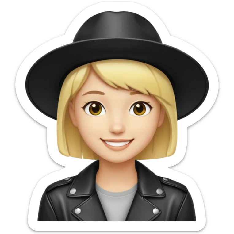 nam 20 tuổi, da vàng, tóc ngắn màu vàng, đội mũ màu đen, mặt cười tươi, khoác áo da màu đen bóng sticker