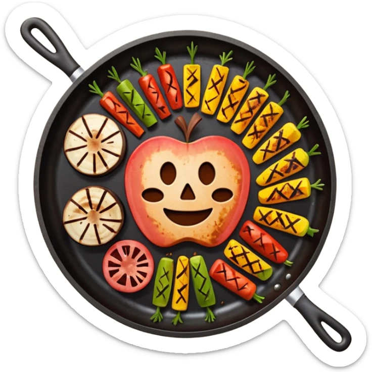 minimalist iOS style Apple emoji of a top view plancha with vegetables and pieces of meat sticker