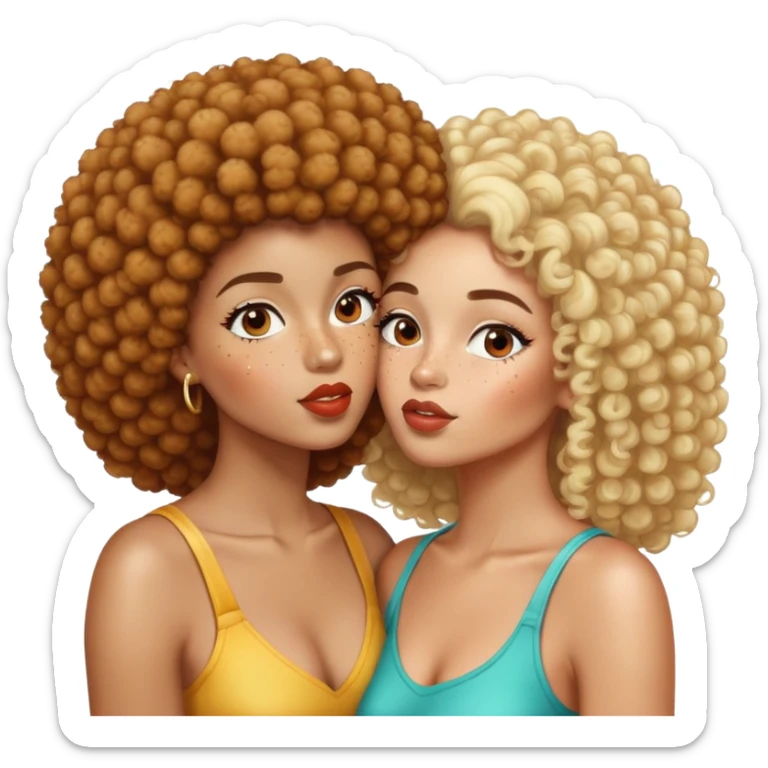 Light skin woman with freckles kissing brown skin woman with an Afro with blonde highlights sticker