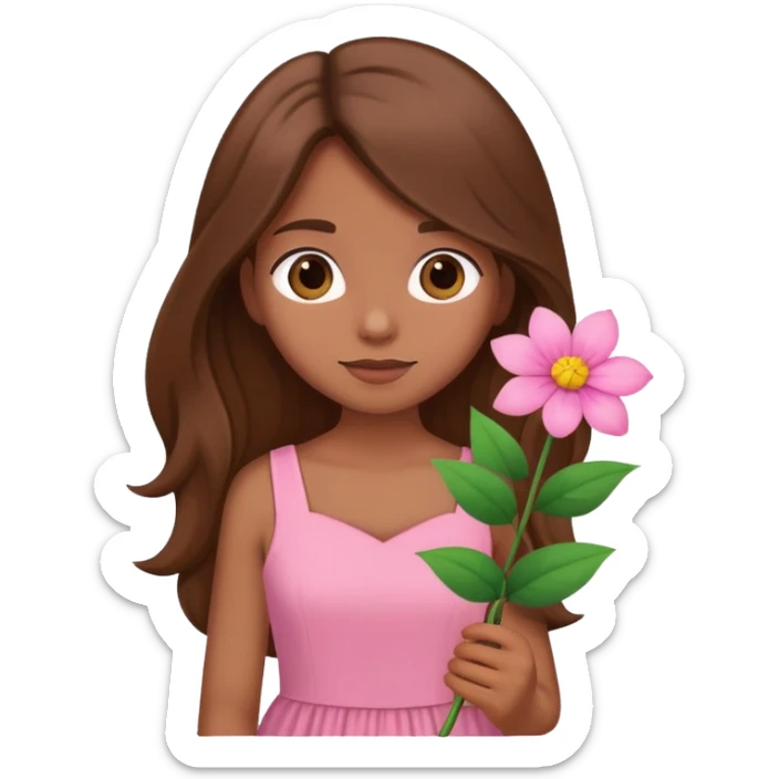 brown long haired girl in pink dress with a flower sticker