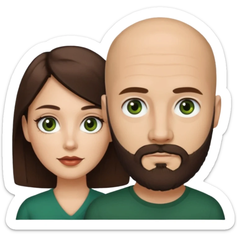 Man beard bald white dark green eyes, woman medium hair brown brown eyed latina, they have different eye color man dark green woman dark brown sticker