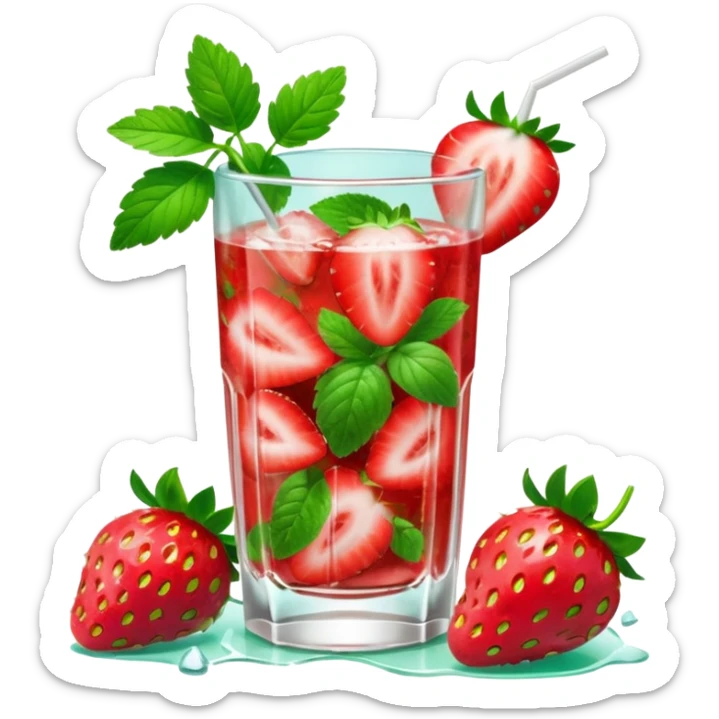A 3D cartoon glass of strawberry mojito with mint leaves, ice cubes, and sliced strawberries, condensation on glass, bright lighting, Memoji-style realism. sticker