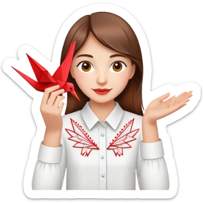 A happy Ukrainian young girl with brown hair in a white embroidered shirt makes an origami red crane craft sticker
