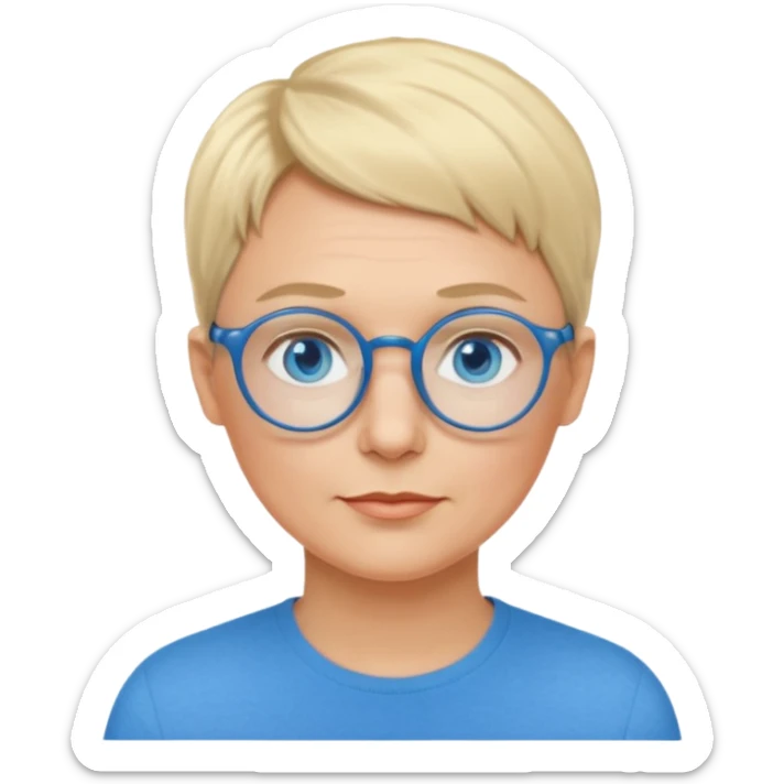 woman 50 years old, very short blonde hair like a man, blue eyes and blue round glasses sticker