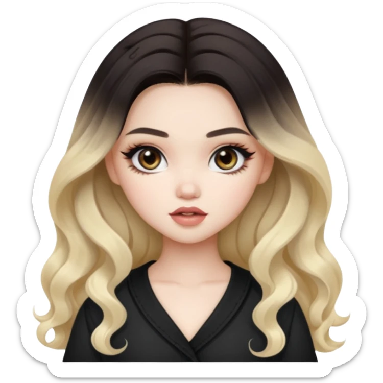 pale skin, girly bratz ASIAN vietnam baddie, beautiful dark brown eyes, pretty makeup, long black to blond ombré wavy hair sticker