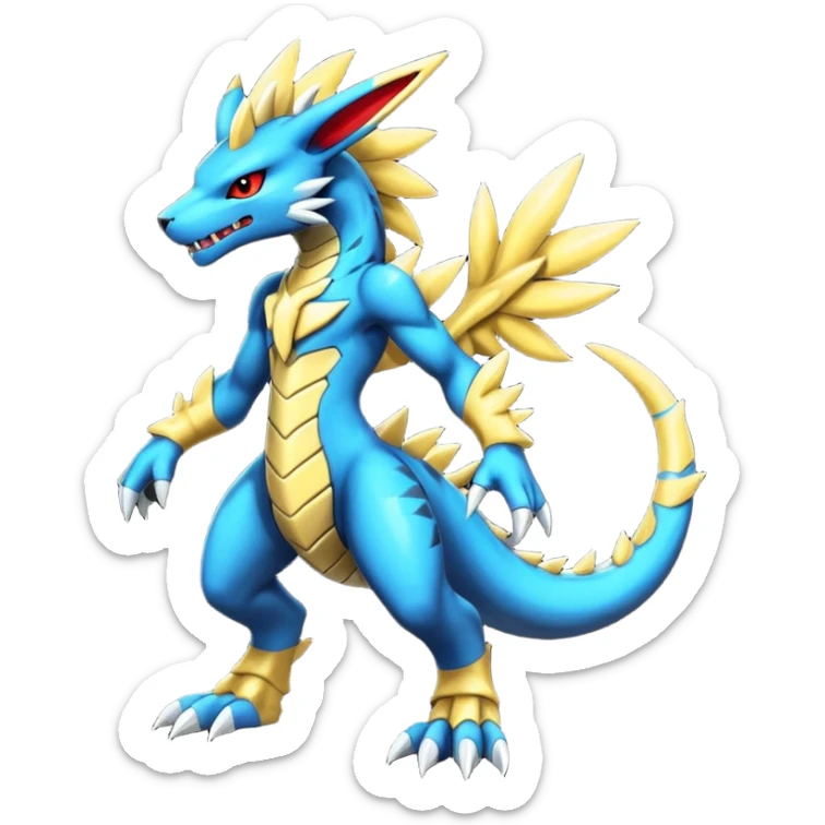 Colorful exotic Modern anthropomorphic furry futuristic shiny colorful Zeraora-Salandit-Guilmon-Zekrom-fusion (full body) sticker