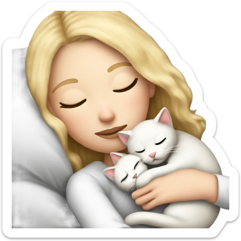 White girl blonde hair sleeping in bed with a kitty in arms. kitty has black and white markings sticker