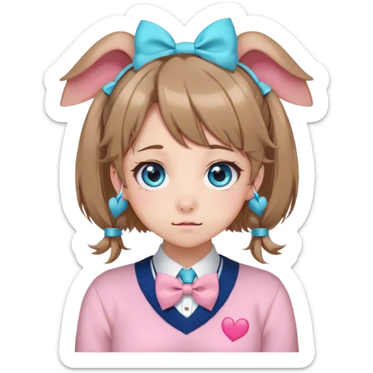 Neuro-sama, AI Vtuber, light-brown hair, blue big round eyes, anime style, pink bow ties in hair, blushing, cute, cyan bow tie on neck, beige sweater, pig tails, white heart hair clip, sticker